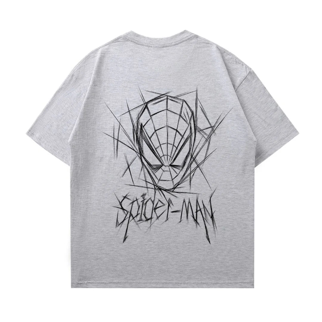 Spider Man New 2026 Back Print Graffiti Line Art T Shirt Men Women Summer Cotton Short Sleeve O Neck Oversized Black Streetwear Tops