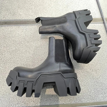 Retro Chelsea Mid-Calf for Women  New round Toe Muffin Gear Platform Black Mid-Calf Length Motorcycle Boots