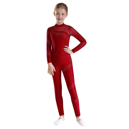 Kids Girls Ballet Dance Gymnastics Leotard Figure Skating Acrobatics Yoga Bodysuit Long Sleeve Shiny Rhinestone Mesh Jumpsuit
