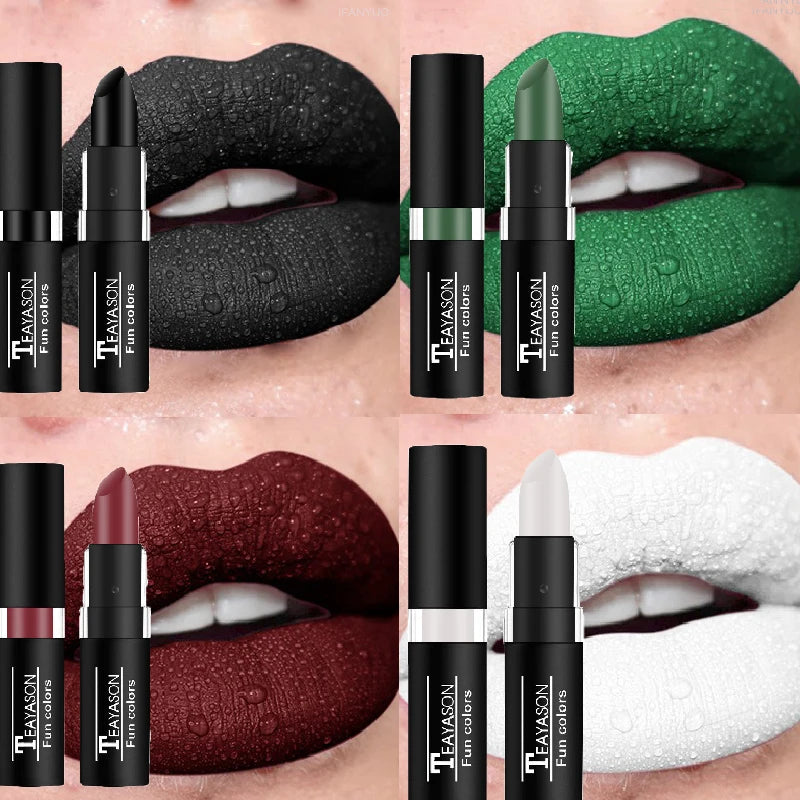 12Colors Matte Lipstick Black Green Sexy Red Velvet Lip Gloss Long Lasting Non-stick Women Lip Tint Make Up Facial Body Cosmetic