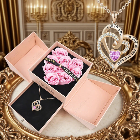 Heart Zircon Pendant Necklace With Pink Rose Bow Gift Box New Set For Girlfriend Wife Christmas Valentine Day Birthday Gift