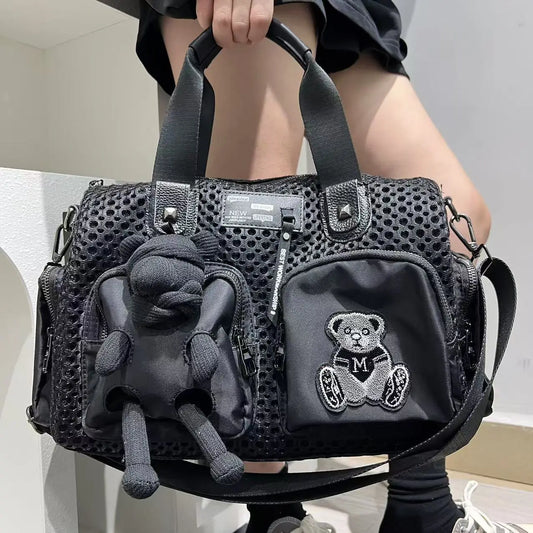 Ladies' fashionable mesh splicing casual handbag with multiple pockets, teddy bear doll, single shoulder diagonal cross bag