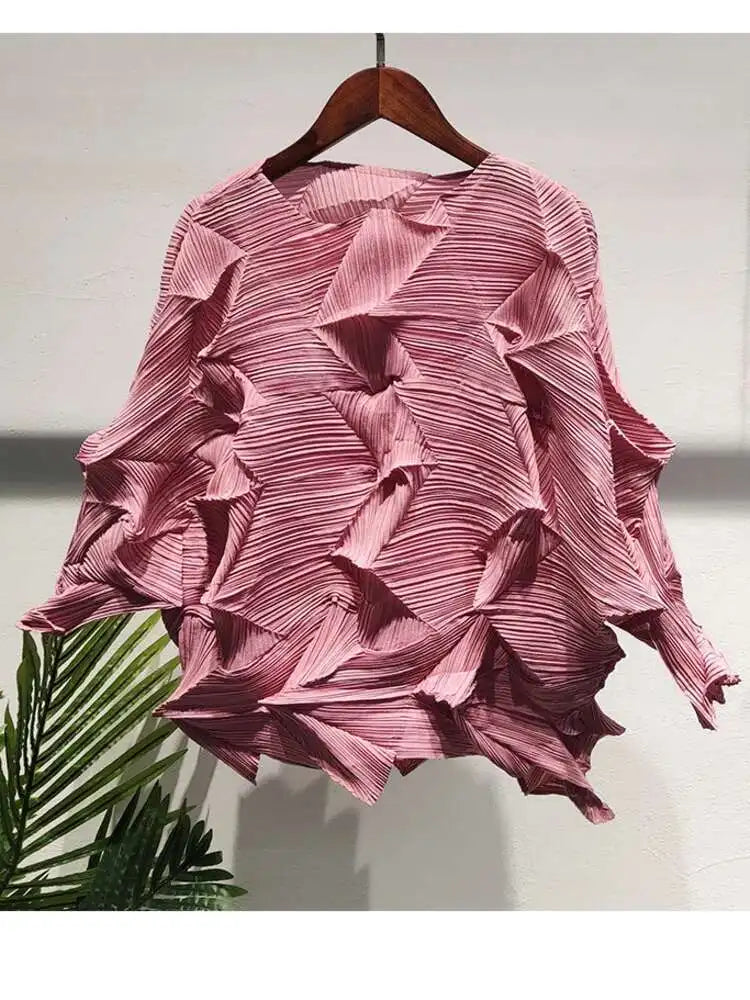 GVUW Elegant Diamond Pleated T-shirt Women Summer Fashion Three Quarter Sleeve O-neck Pullover Female Loose Clothing 17D585