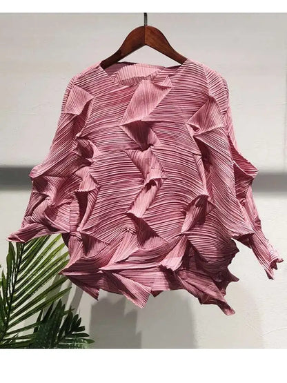 GVUW Elegant Diamond Pleated T-shirt Women Summer Fashion Three Quarter Sleeve O-neck Pullover Female Loose Clothing 17D585