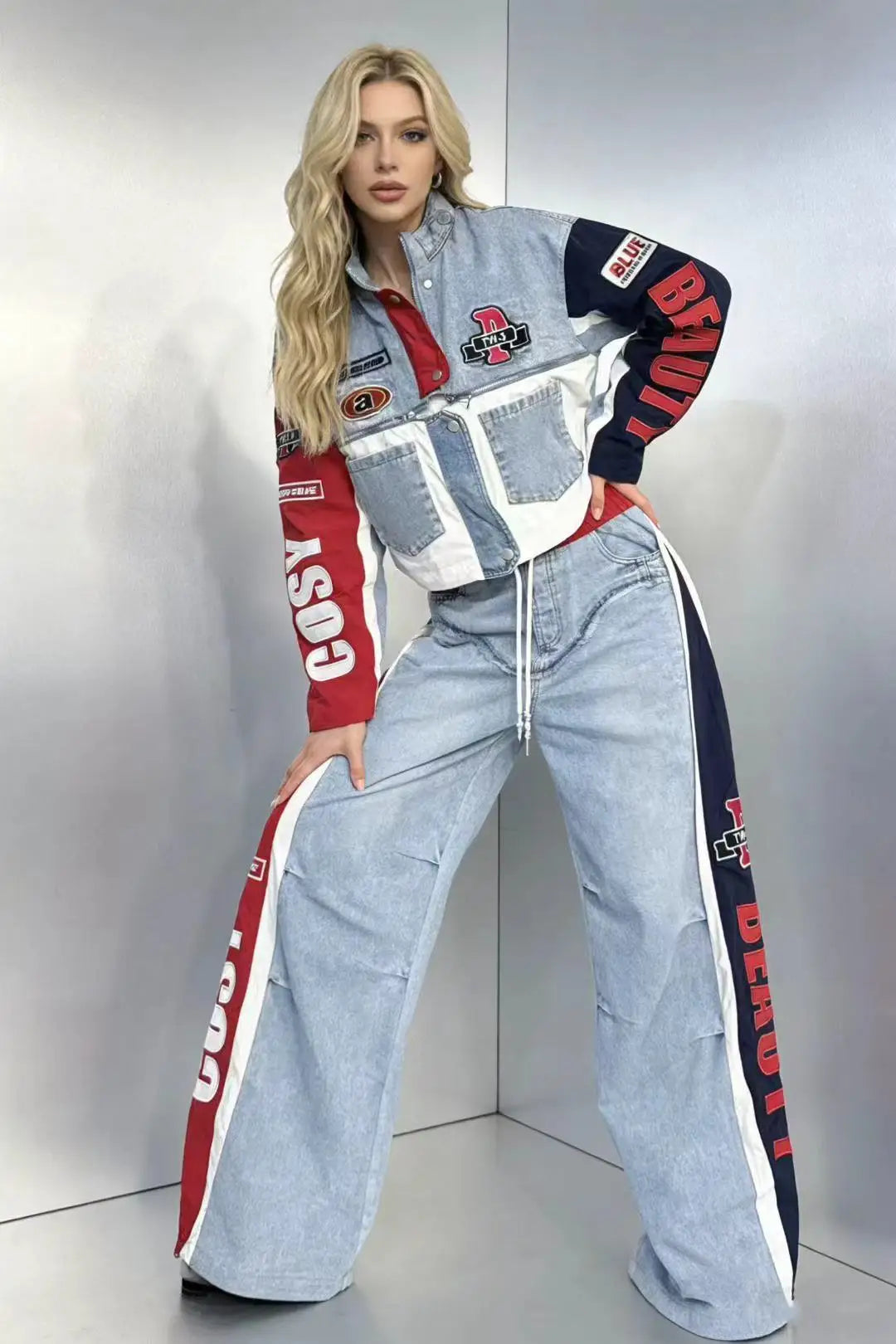 European Trend Suit Women 2026 Spring New Denim Splicing Letter Embroidered Long-sleeved Top Elastic Waist Trousers Casual Sets