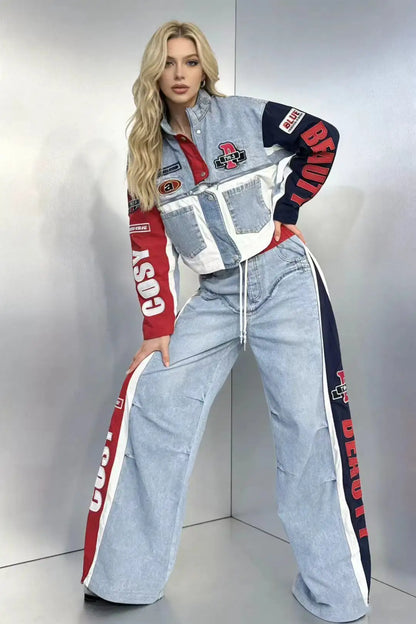 European Trend Suit Women 2026 Spring New Denim Splicing Letter Embroidered Long-sleeved Top Elastic Waist Trousers Casual Sets