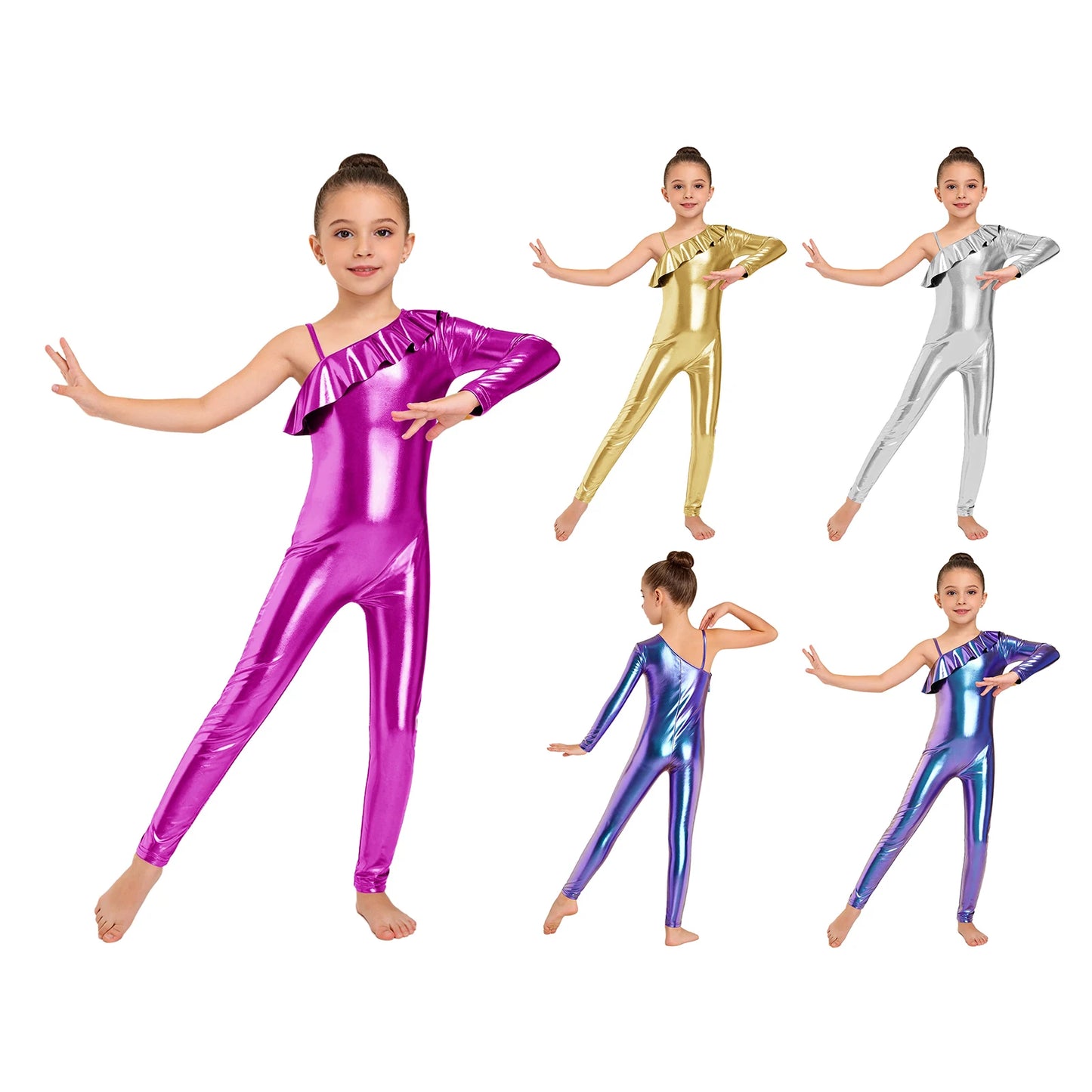 Kids Girls Metallic Shiny Ballet Dance Unitards Figure Skating Acrobatics Gymnastics Leotard One Shoulder Long Sleeve Jumpsuit