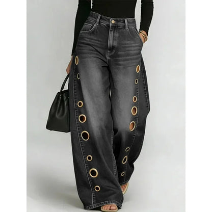 Missuoo Women's 2026 New Washed Blue High-Waist Metal Grommet Wide Leg Jeans, Casual Loose Fit Streetwear Pants for Daily Wear