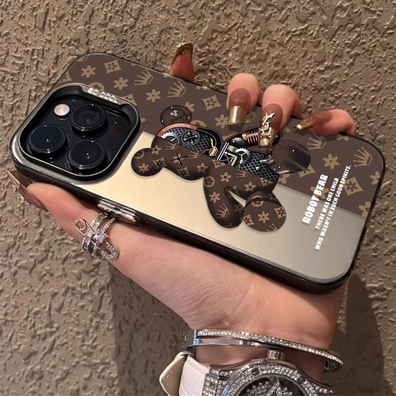 Matte Hard Case for iPhone 16 15 14 13 12 11 Pro Max XS X XR 8 7 Plus SE 2020 Luxury Retro Robot Bear Shockproof Plating Cover