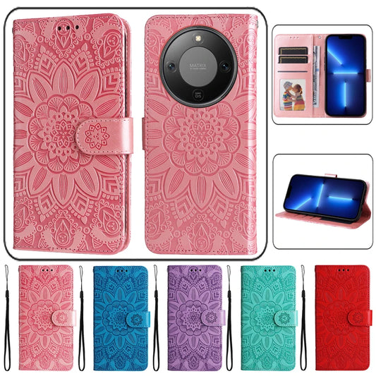 3D Sun Flower Luxury Wallet Flip Case For Honor Magic8 Lite Magic 8 7 6 5 4 Pro Lite 5G Shockproof PU+TPU Leather Phone Cover