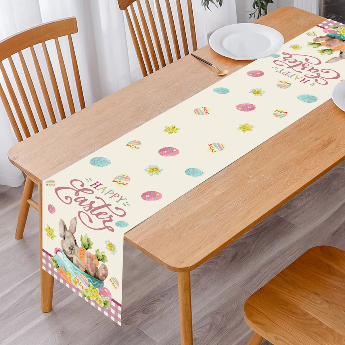 Easter Bunny Polyester Table Runner Happy Easter Decorations for Home Rabbit Butterfly Table Cloth Easter Party Supplies