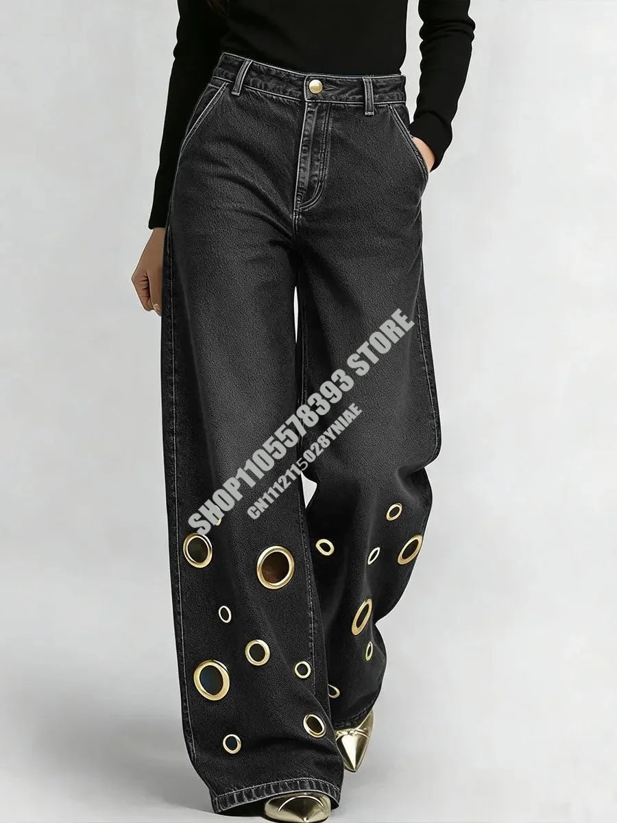 American High Street Straight Leg Jeans Women Metal Ring Hollow Long Jeans Autumn Casual High Waist Pockets Baggy Denim Pants