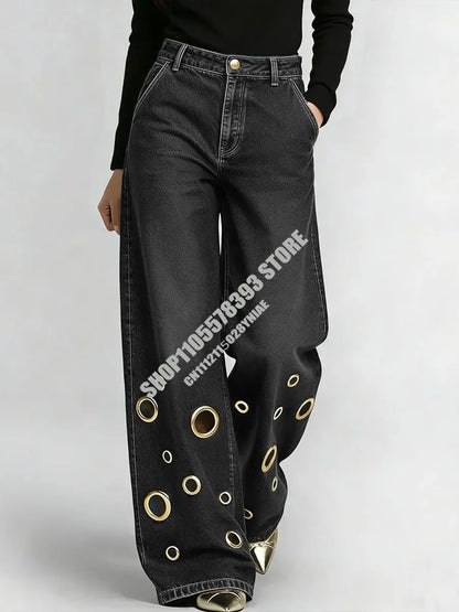 American High Street Straight Leg Jeans Women Metal Ring Hollow Long Jeans Autumn Casual High Waist Pockets Baggy Denim Pants