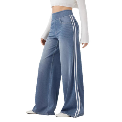 Retro Washed Blue Side Stripe Jeans Women's Y2K High Street Loose Wide Leg Pants Casual Comfortable High Waist Denim Jeans