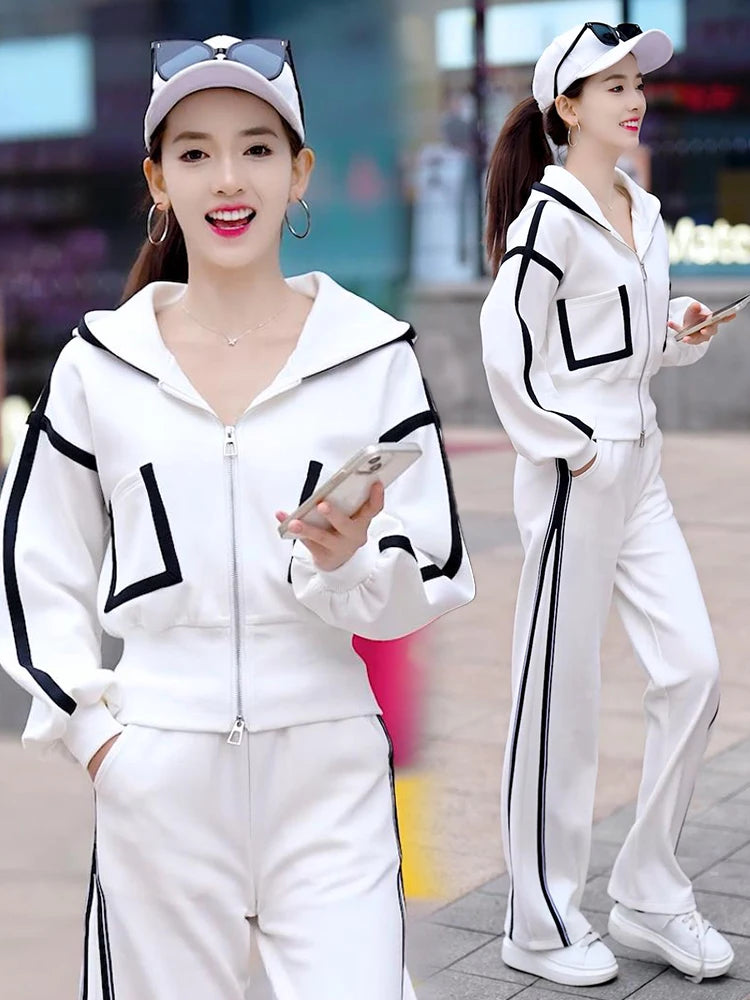 Women's Fashion Color Matching Zipper Cardigan Jacket + Wide-leg Pants Sports Casual Loose Two Piece Set