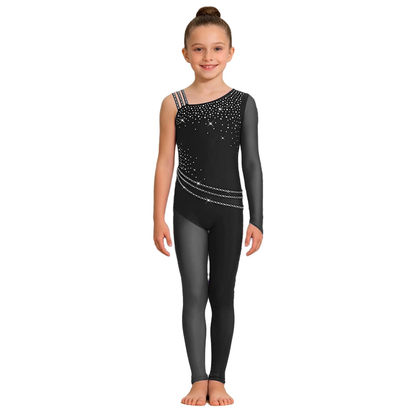 Kids Girls Ballet Dance Gymnastics Leotard Shiny Rhinestones Mesh Asymmetrical Jumpsuit for Figure Skating Acrobatic Performance
