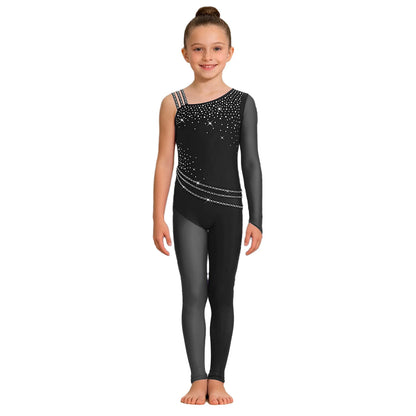 Kids Girls Ballet Dance Gymnastics Leotard Shiny Rhinestones Mesh Asymmetrical Jumpsuit for Figure Skating Acrobatic Performance