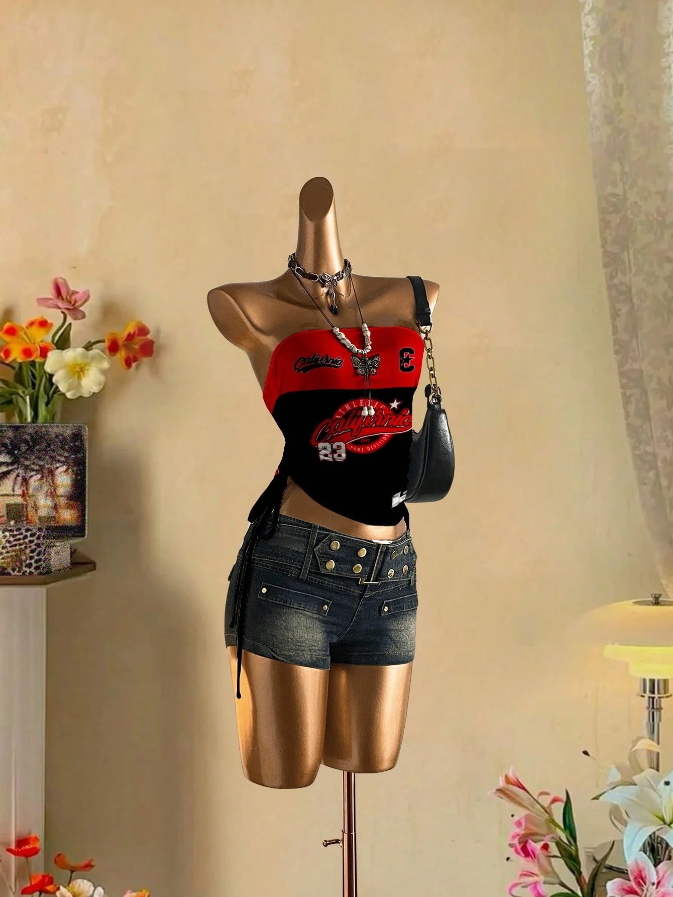 cropped top  ，Women's Summer Drawstring Tie Front Cutaway Tapered Tank Top, Fashionable Resort-Fit Sporty Print Strappy Top