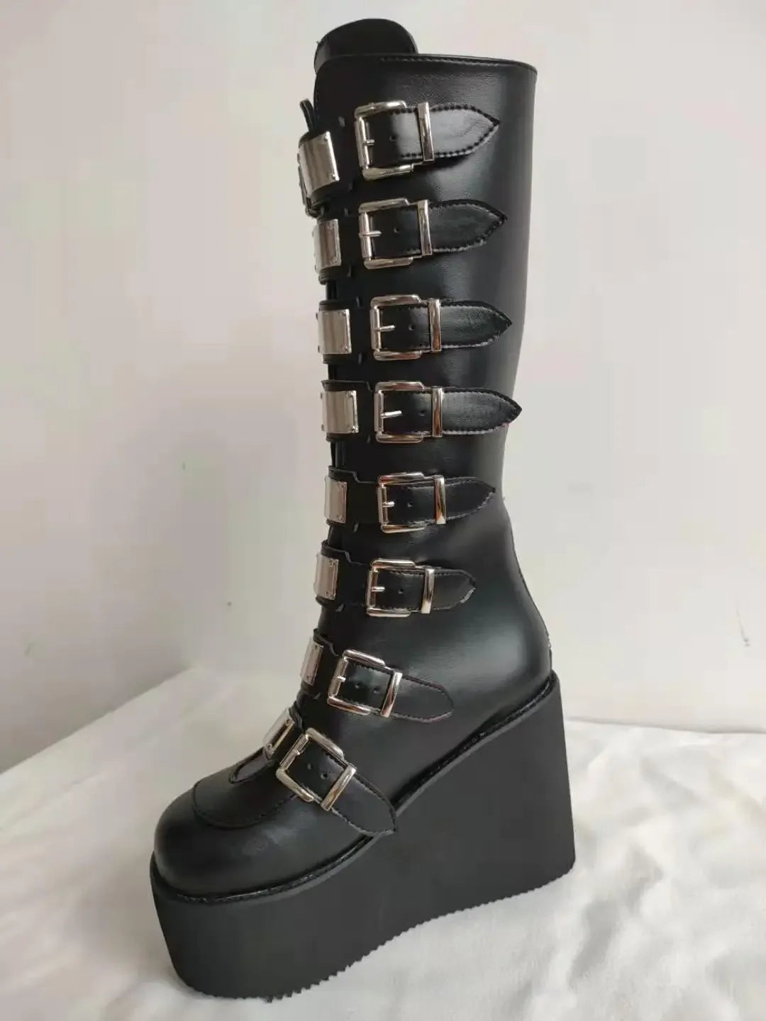 Women Boots Cosplay Ladies High Heel Platform Wedges Women High Boots Gothic Buckle Strap Long Tube Leather Female Boots Plus Si