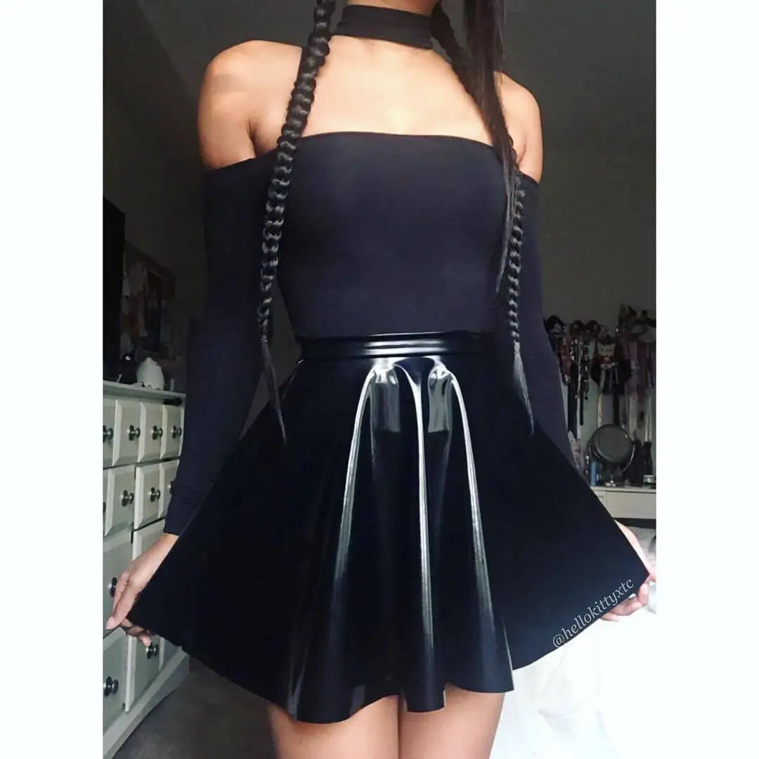 Women Black Patent Leather Pleated Mini Skirt High Waist Flared Gothic Punk Skirt Edgy Streetwear Skirt For Daily Wear & Dating