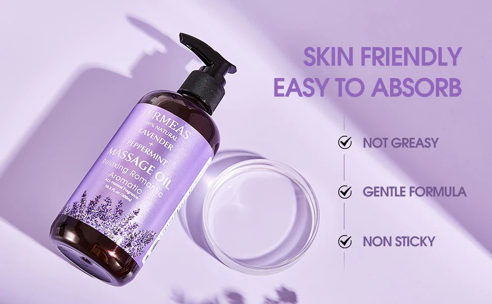 Lavender & Peppermint Infused Massage Body Oil - Warming & Moisturizing Formula for Men & Women, 10.2 Fl.Oz