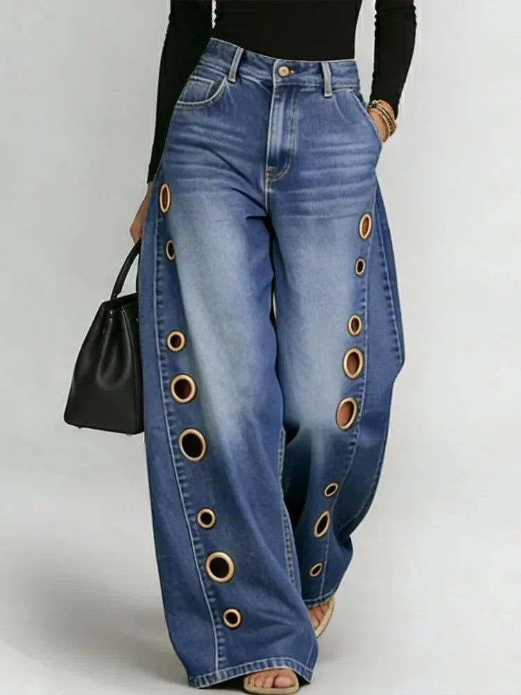 Missuoo Women's 2026 New Washed Blue High-Waist Metal Grommet Wide Leg Jeans, Casual Loose Fit Streetwear Pants for Daily Wear