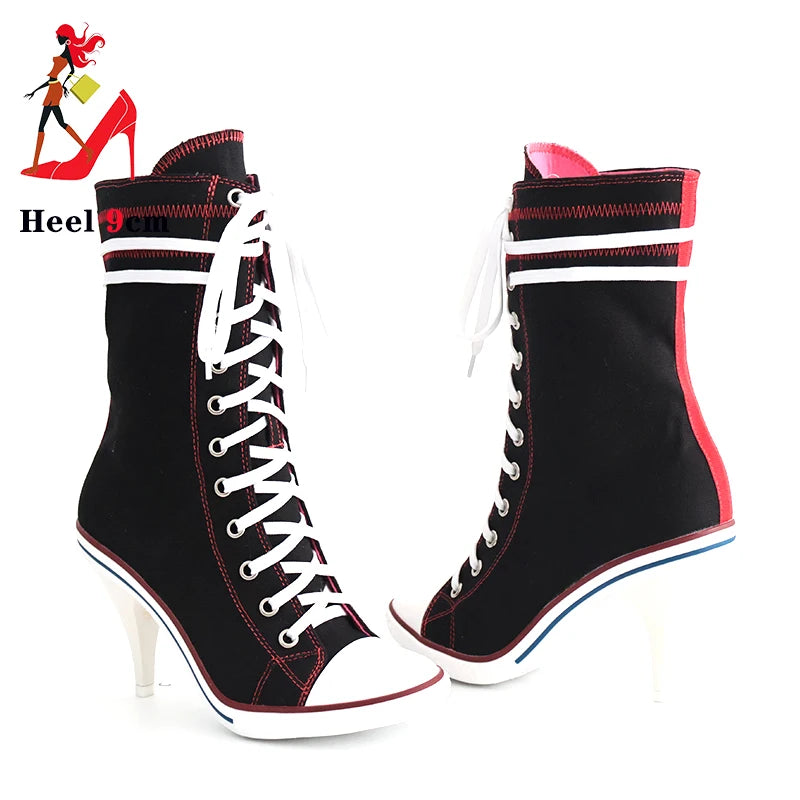 .Women Boots Design Stiletto High Heel Canvas Shoes Fashion Lady Lace up Pointed Ankle Shoes Sexy High-heeled Thin Heel Boot