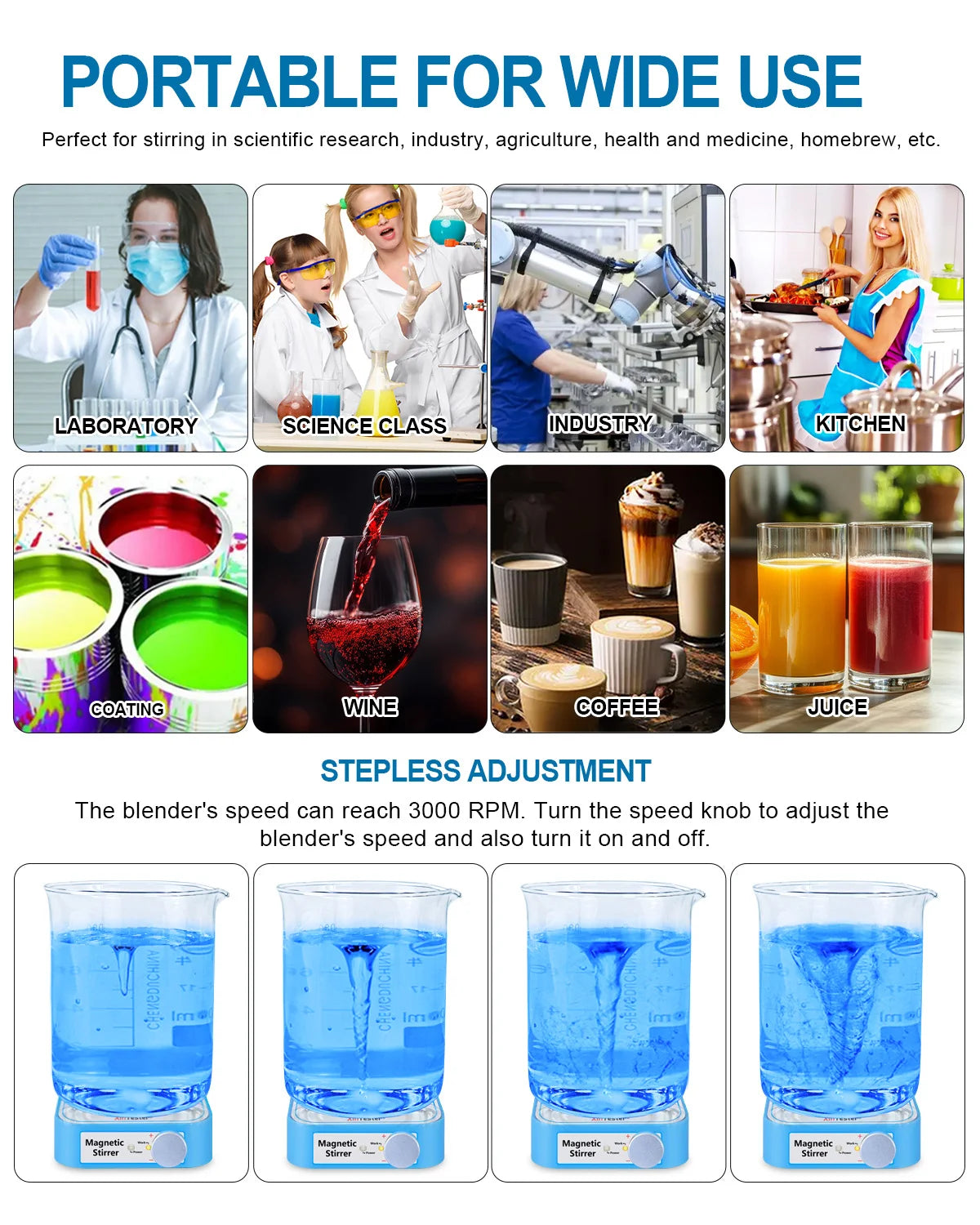 Xin Teste 3000RPM Mini Magnetic Stirrer, 3000ml  Stirrers for Low Viscosity Liquid, No Heating Basic/Rechargeable