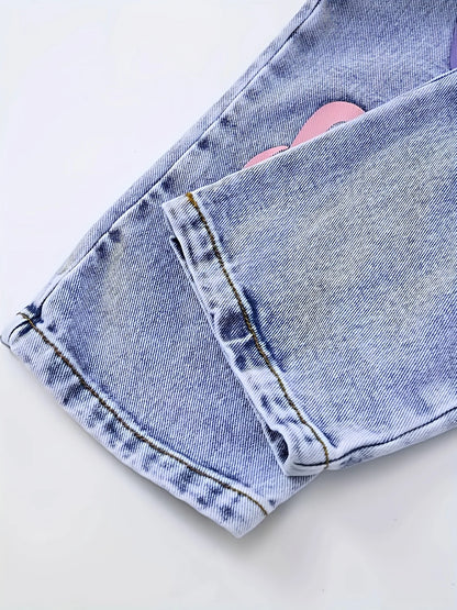 Girl's Y2K sunflower pattern printed straight and loose denim drawstring pants, workwear type drawstring pants.