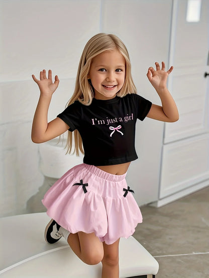 Letter Print 2-Piece Crop Top & Pink Bow Bubble Skirt Set Girls Summer Casual Cute Outfit