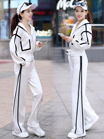 Women's Fashion Color Matching Zipper Cardigan Jacket + Wide-leg Pants Sports Casual Loose Two Piece Set