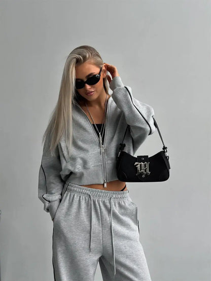 Casual Fashion Suit Ladies Zipper Cardigan Jacket Sports Tether Trousers Two-Piece Ladies Street Style Suit