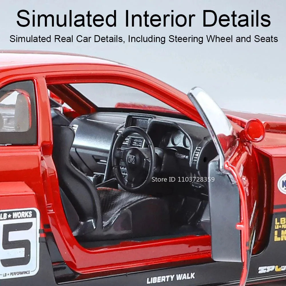 Bugatti Tourbillon, Nissan Skyline GTR, Model Sports 1:24 Car Alloy Diecast Sound Light Doors Opened Shock Absorption Ornament Supercar Toys Gift