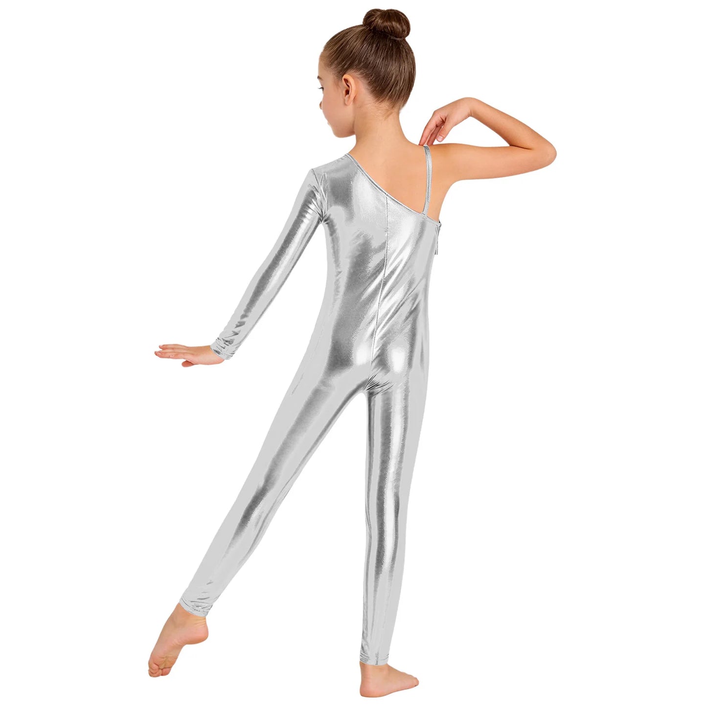 Kids Girls Metallic Shiny Ballet Dance Unitards Figure Skating Acrobatics Gymnastics Leotard One Shoulder Long Sleeve Jumpsuit