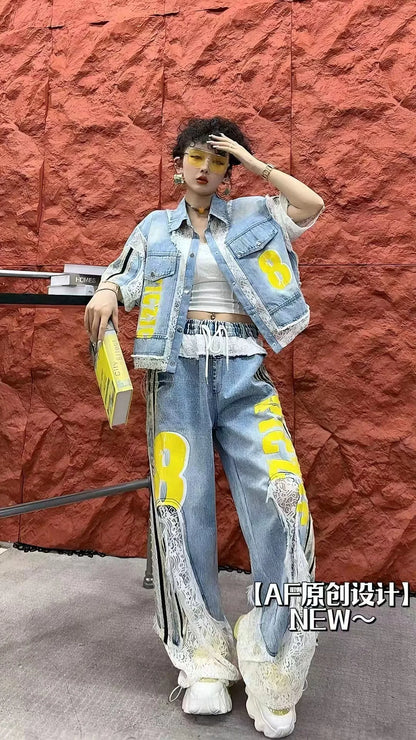 Trendy Summer Women Two-piece Set Colorblock Lace Splicing Denim Short Sleeve Shirt Top Elastic High Waist Wide Leg Casual Jeans