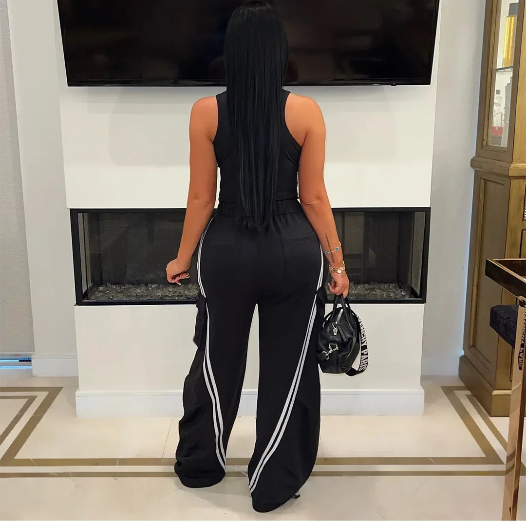 Customized Fashion Women Denim Patchwork Pocket Side Wide Leg Loose Jogger Pants Active Jean Splicing Sweatpants Trousers