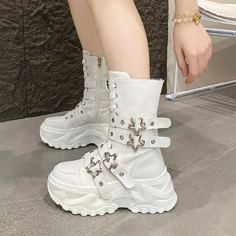 New Rock Platform Y2K Boots Women Summer 2026 Gothic Metal Star Belt Buckle Thick Sole Mid Calf Boots Woman Designer Punk Shoes