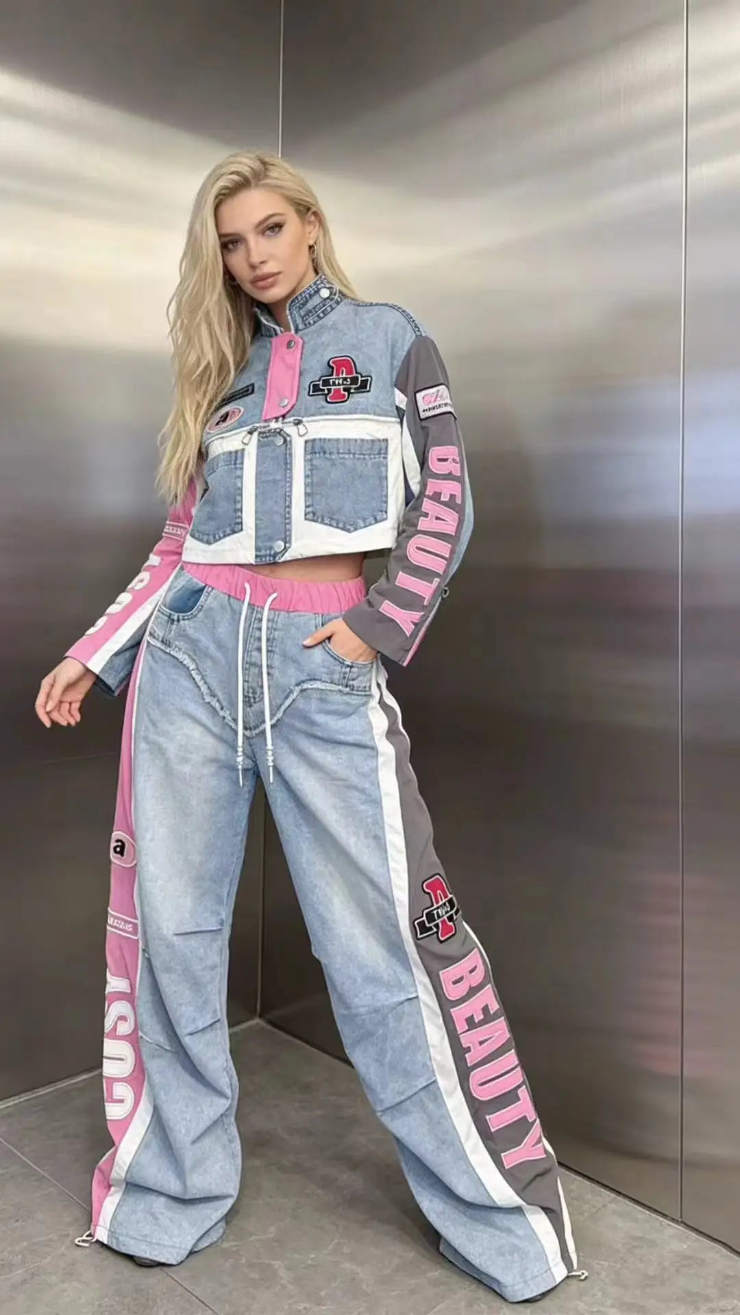 European Trend Suit Women 2026 Spring New Denim Splicing Letter Embroidered Long-sleeved Top Elastic Waist Trousers Casual Sets