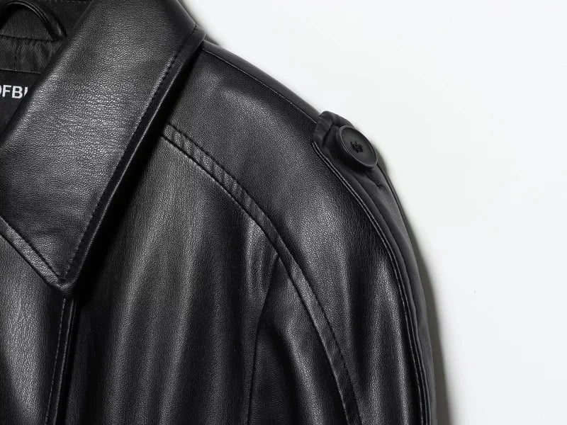 ETJ autumn new women's fashion belt imitation leather long sleeve short trench coat casual leather coat