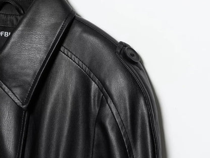 ETJ autumn new women's fashion belt imitation leather long sleeve short trench coat casual leather coat