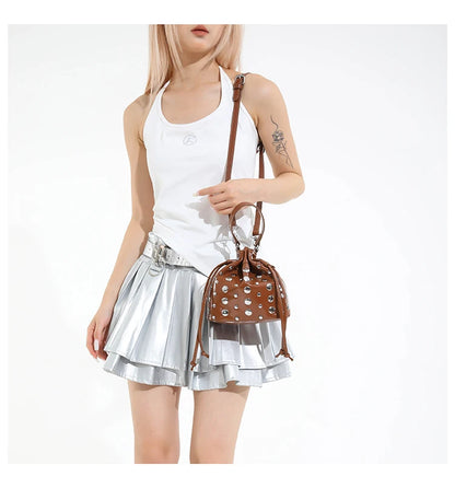 New Solid PU Bucket Design Personality Retro Shoulder & Crossbody Bags 2026 Fashion Exquisite Rivets Stylish Handbags for Women