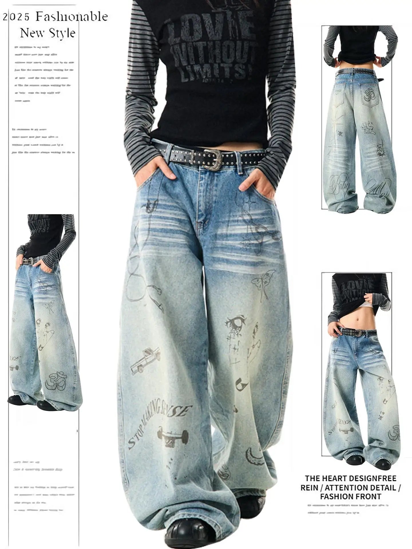 Fashion Y2K Baggy Pants Women's Cartoon Embroidery Loose Wide Leg Jeans Streetwear Aesthetic Casual Trousers