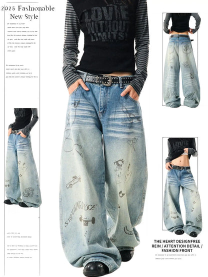 Fashion Y2K Baggy Pants Women's Cartoon Embroidery Loose Wide Leg Jeans Streetwear Aesthetic Casual Trousers
