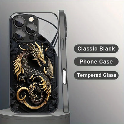 Luxury Golden Dragon Pattern Tempered Glass Black Phone Case For Samsung Galaxy S25 S24 S23 Ultra Plus FE Shockproof Cover