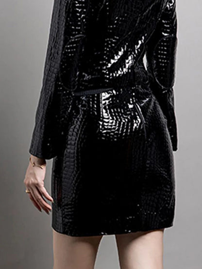 Lautaro Spring Shiny Reflective Black Crocodile Print Patent Faux Leather Mini Skirt Women High Waist Luxury Designer Clothes