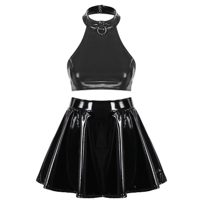 Women's Patent Leather Backless Sleeveless Halter Crop Tops with Invisible Zipper Flared Skirt Rave Party Pole Dance Clubwear