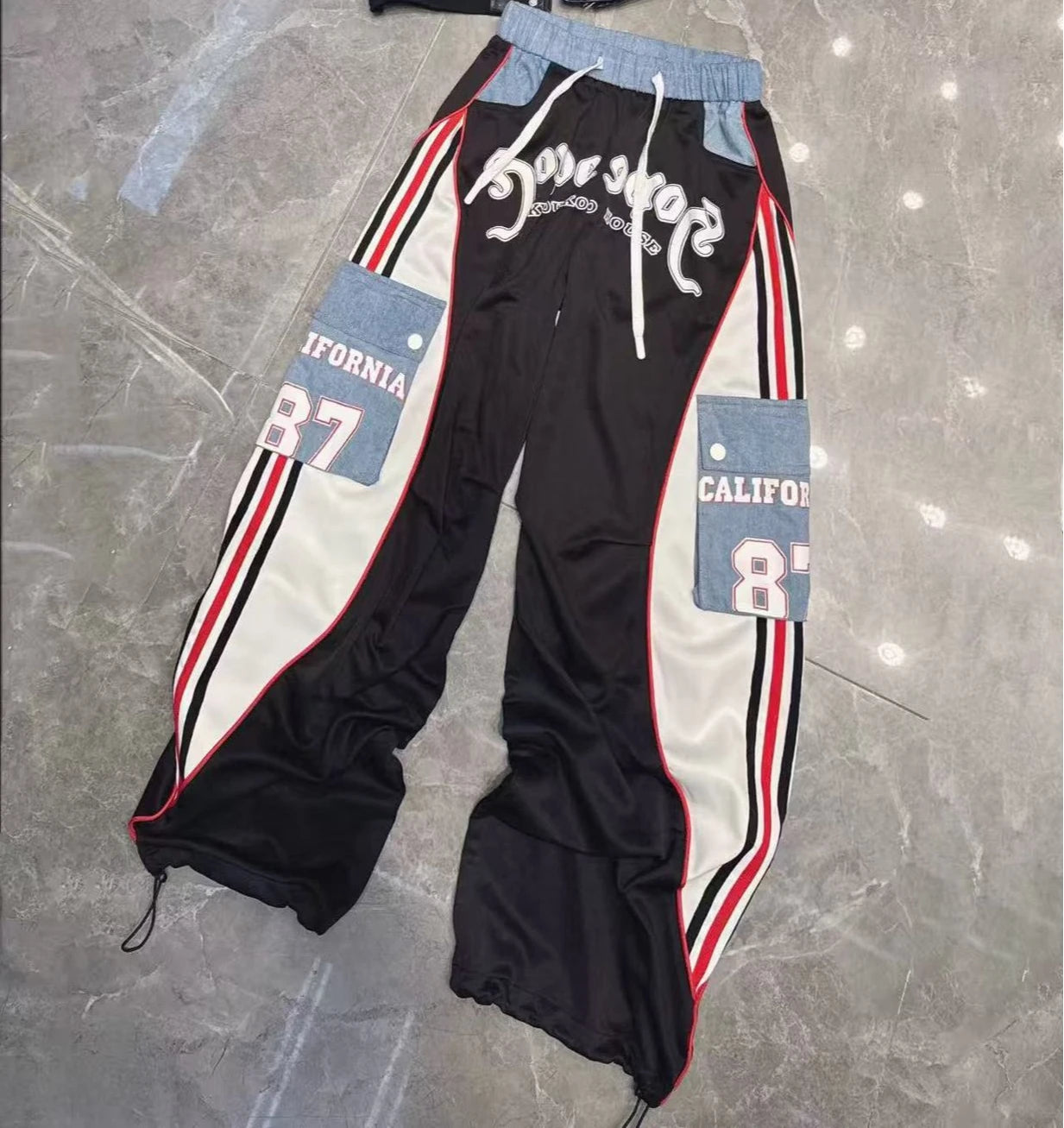 European Style Casual Pants for Women 2026 Spring Summer New Large Pocket Letter Print Embroidery Patchwork Denim Trousers Trendy