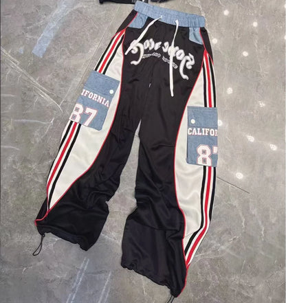 European Style Casual Pants for Women 2026 Spring Summer New Large Pocket Letter Print Embroidery Patchwork Denim Trousers Trendy