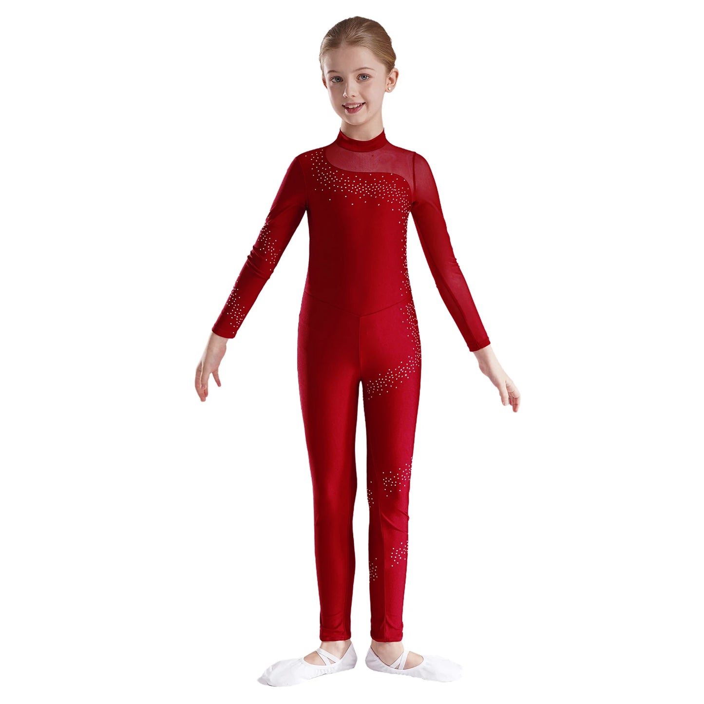 Kids Girls Ballet Dance Gymnastics Leotard Figure Skating Acrobatics Yoga Bodysuit Long Sleeve Shiny Rhinestone Mesh Jumpsuit