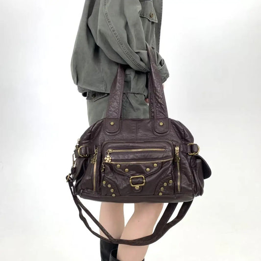 Y2K retro multi pocket rivet women's tote bag, large capacity personalized street crossbody shoulder bag